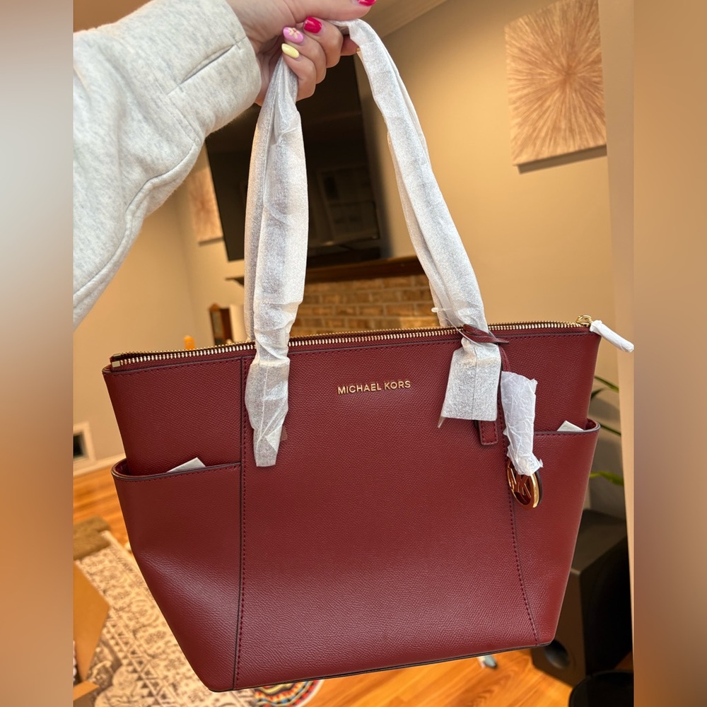 Michael Kors Burgundy Saffiano Leather Top Zip Tote Bag NWT
